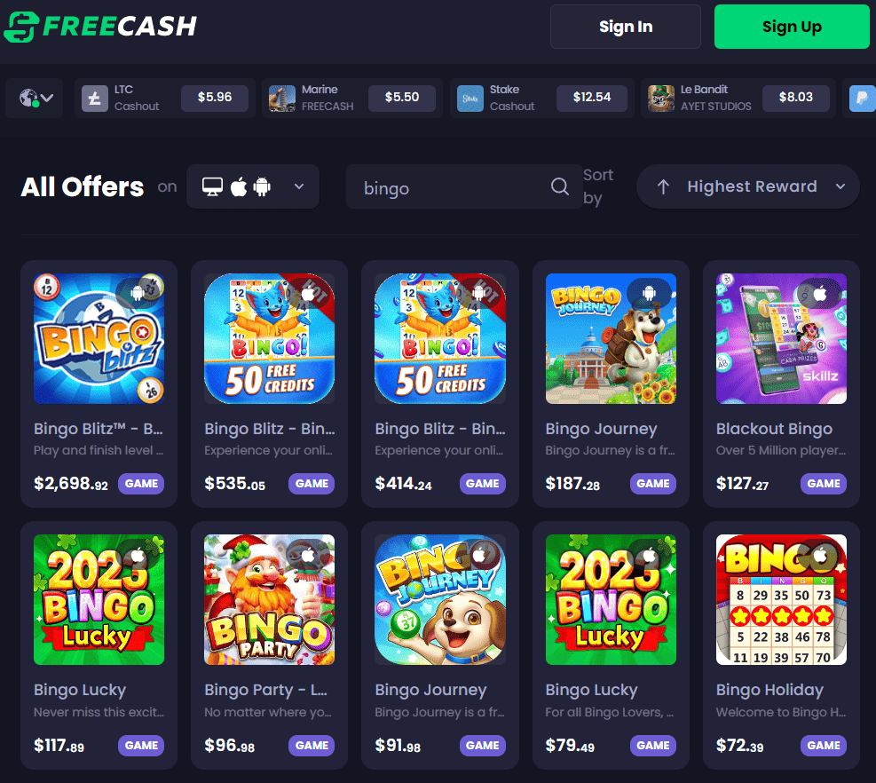 Bingo games on Freecash