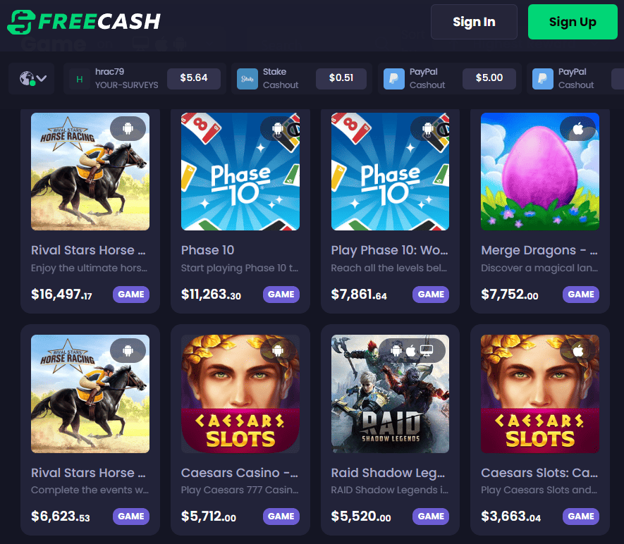 Highest earning games on Freecash