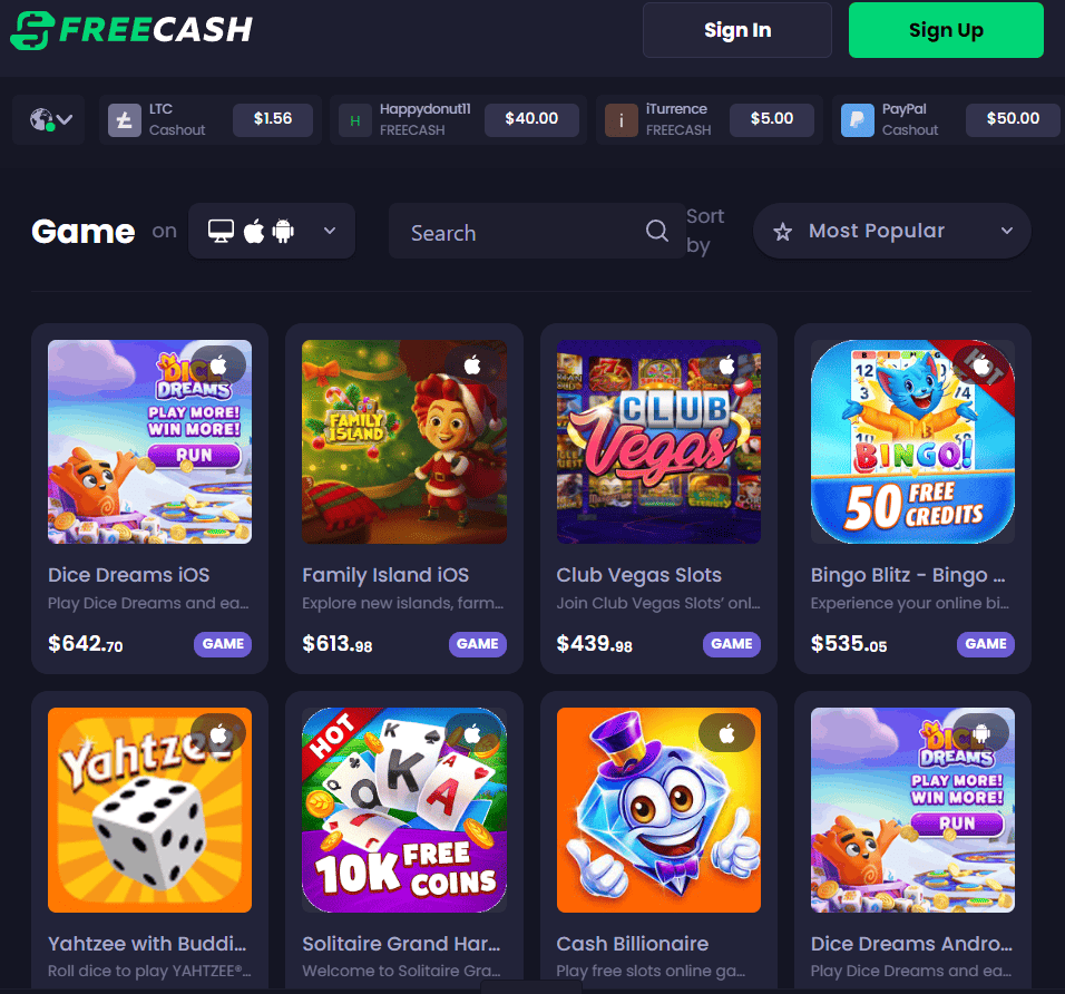 most popular games on Freecash